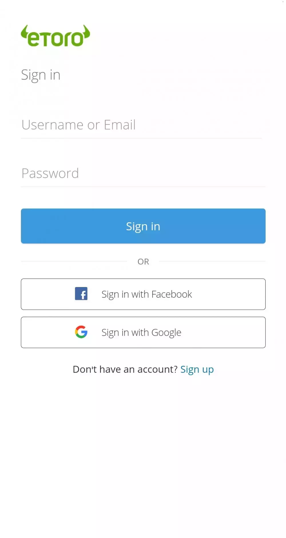 Экран регистрации в мобильном приложении eToro